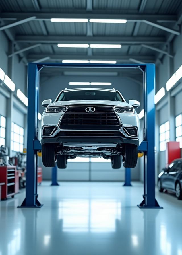 Vehicle raised on hydraulic lift for undercarriage inspection