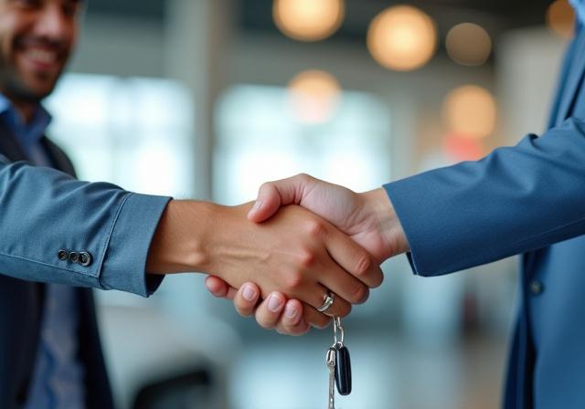 Happy customer receiving car keys after a successful purchase or service