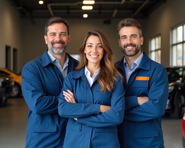 The East Bay Automotive team standing in front of the service bay