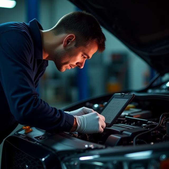 Technician working under the hood of a car with diagnostic equipment