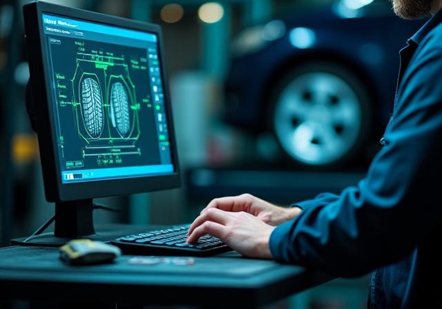 Wheel alignment machine interface in use by a technician